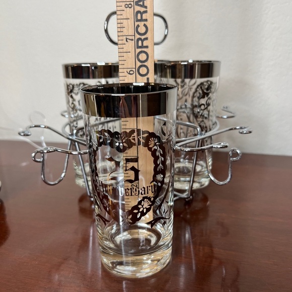 Vintage 25th Anniversay Silver Tone Tumbler & Coasters Set & Caddy 9 Piece Set - Picture 12 of 16